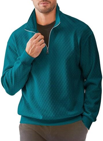 Men's Quarter Zip Sweatshirts Mock Neck Pullover Long Sleeve Solid Color Geometric Texture Waffle Sweatshirt in Saudi Arabia