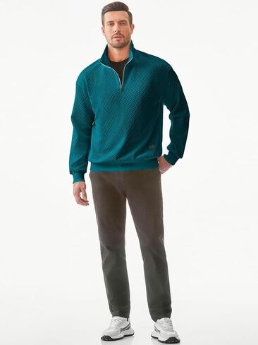 Men's Quarter Zip Sweatshirts Mock Neck Pullover Long Sleeve Solid Color Geometric Texture Waffle Sweatshirt in Saudi Arabia
