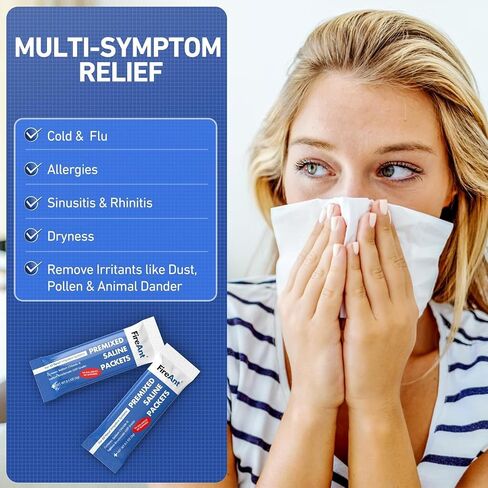 عبوات ملحية من FireAnt لشطف الجيوب الأنفية، 100 عبوة ملح Neti Pot مختلطة مسبقًا لشطف الأنف، طبيعية بالكامل، درجة صيدلانية، ودرجة الحموضة متوازنة - 100 قطعة in Saudi Arabia