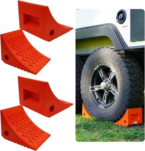 SECURITYMAN 4 Pack Wheel Chocks - Constructed of Heavy Duty Solid Polyurethane Rubber for 20,000 lbs - Great for RV, Camper, Truck, Travel Trailer Wheel Chocks - All Surfaces and All Weather - Orange in Saudi Arabia