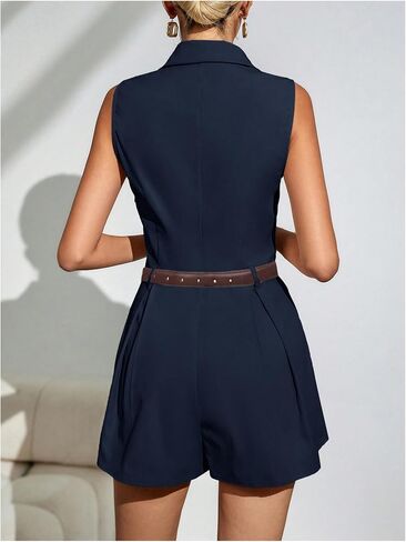 SOLY HUX Women's V Neck Collar Sleeveless Romper Pleated Wide Leg Loose Short Jumpsuit in Saudi Arabia