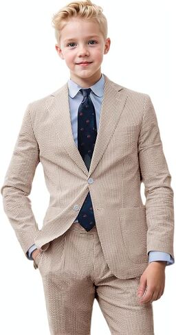 Boys Seersucker Suit 2 Piece Slim Fit Summer Beach Wedding Outfit Kids Blazer Jacket Dressing Pants Suits for Toddler Teenage in Saudi Arabia