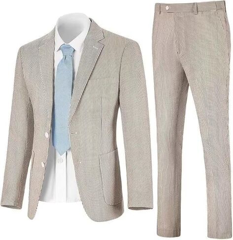 Boys Seersucker Suit 2 Piece Slim Fit Summer Beach Wedding Outfit Kids Blazer Jacket Dressing Pants Suits for Toddler Teenage in Saudi Arabia