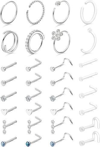 THUNARAZ 32 Pcs Nose Rings for Women Men - Hypoallergenic Surgical Stainless Steel Retainer Clear L Shape/Straight/Corkscrew Nose Rings Hoops Cartilage Helix Tragus Piercing Jewelry 18G/20G in Saudi Arabia