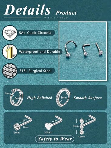 THUNARAZ 32 Pcs Nose Rings for Women Men - Hypoallergenic Surgical Stainless Steel Retainer Clear L Shape/Straight/Corkscrew Nose Rings Hoops Cartilage Helix Tragus Piercing Jewelry 18G/20G in Saudi Arabia