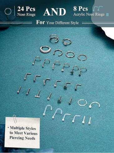 THUNARAZ 32 Pcs Nose Rings for Women Men - Hypoallergenic Surgical Stainless Steel Retainer Clear L Shape/Straight/Corkscrew Nose Rings Hoops Cartilage Helix Tragus Piercing Jewelry 18G/20G in Saudi Arabia