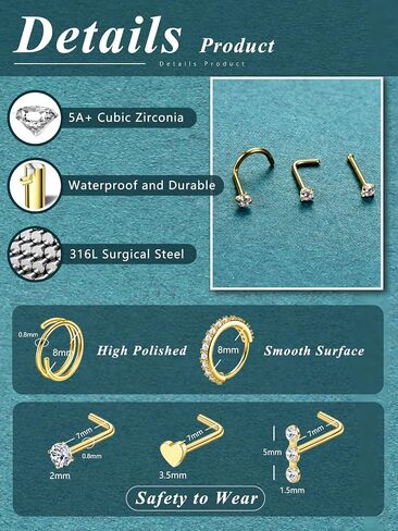 THUNARAZ 32 Pcs Nose Rings for Women Men - Hypoallergenic Surgical Stainless Steel Retainer Clear L Shape/Straight/Corkscrew Nose Rings Hoops Cartilage Helix Tragus Piercing Jewelry 18G/20G in Saudi Arabia