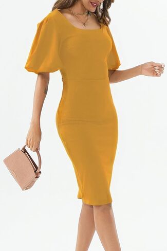 Womens Summer Dresses Square Neck Lantern Sleeve Bodycon Pencil Midi Dress in Kuwait