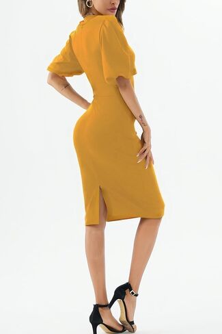 Womens Summer Dresses Square Neck Lantern Sleeve Bodycon Pencil Midi Dress in Kuwait