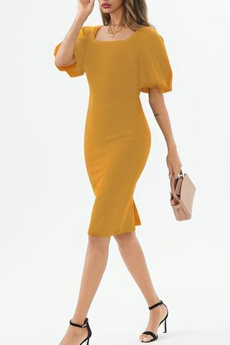 Womens Summer Dresses Square Neck Lantern Sleeve Bodycon Pencil Midi Dress in Kuwait
