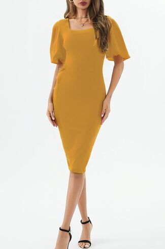 Womens Summer Dresses Square Neck Lantern Sleeve Bodycon Pencil Midi Dress in Kuwait