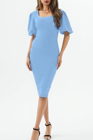 Womens Summer Dresses Square Neck Lantern Sleeve Bodycon Pencil Midi Dress in Kuwait