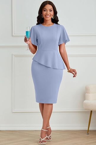 FANDEE Women's Wear to Work Bodycon Midi Dress Ruffle Flared Short Sleeve Business Church Cocktail Crew Neck Pencil Dress in Saudi Arabia