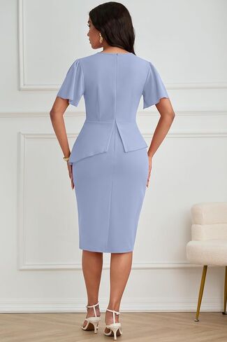 FANDEE Women's Wear to Work Bodycon Midi Dress Ruffle Flared Short Sleeve Business Church Cocktail Crew Neck Pencil Dress in Saudi Arabia