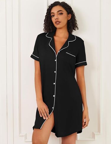 Ekouaer Nightgowns for Women Bamboo Viscose Sleep Shirts Button Down Night Shirt Short Sleeve Boyfriend Pajama Dress in Saudi Arabia