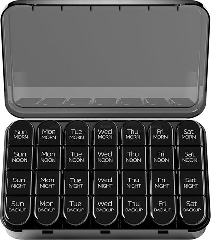 Odaro Weekly Pill Organizer 4 مرات في اليوم ، صندوق حبوب منع الحمل اليومي 7 أيام ، حالة حبوب منع الحمل كبيرة مع 28 مقصورة لعقد الأدوية وفيتامين وملحق (أسود كامل) in Kuwait