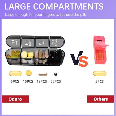 Odaro Weekly Pill Organizer 4 مرات في اليوم ، صندوق حبوب منع الحمل اليومي 7 أيام ، حالة حبوب منع الحمل كبيرة مع 28 مقصورة لعقد الأدوية وفيتامين وملحق (أسود كامل) in Kuwait