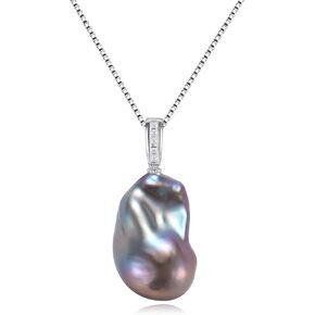 Baroque Pearl Pendant Necklace, Freshwater/Saltwater Cultured Pearl 13-15mm, 925 Sterling Silver Necklace, 18K White Gold Plated Adjustable Chain 18+2IN, Jewelry Gifts for Women