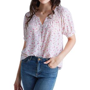 Scarlet Darkness Peasant Tops for Women Floral Smocked V Neck Chiffon Blouses Summer Puff Sleeve Boho Top