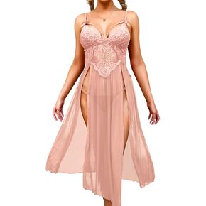 Womens Sexy Long Nightgowns, Floral Lace Flowy High Slit Exotic Lingerie Dress, Sheer Mesh G String Babydoll Boudoir
