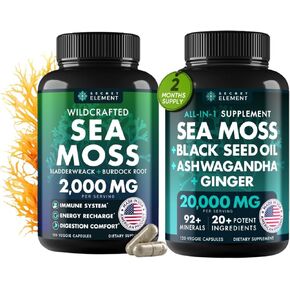 Sea Moss Bundle, Wildcrafted Irish Sea Moss Capsules with Burdock Root, Bladderwrack, Muira Puama + Seamoss Black Seed Oil, Ashwagandha & Ginger, 240 Vegan Capsules