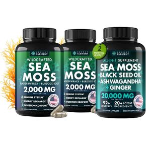 Sea Moss Bundle, Wildcrafted Irish Sea Moss Capsules with Burdock Root, Bladderwrack, Muira Puama + Seamoss Black Seed Oil, Ashwagandha & Ginger – 360 Vegan Capsules