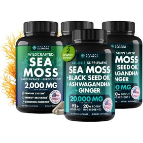 Sea Moss Bundle, Wildcrafted Irish Sea Moss Capsules with Burdock Root, Bladderwrack, Muira Puama + Seamoss Black Seed Oil, Ashwagandha & Ginger – 480 Vegan Capsules