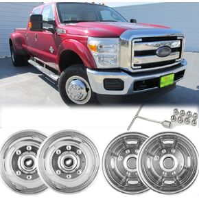 4pcs 17 Wheel Simulators Fit for 2005-2021 Ford F-350 F350, 8 Lug Protective Waterproof Replacements Bolt On Polished Stainless Steel Dually Hubcaps Wheel Covers with Installation Tool Kit