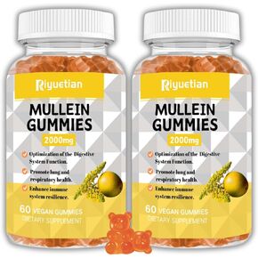 Mullein Gummies لتنظيف الرئة ، ملحق Mullein Herb العضوي للتنفس ، مستخلص أوراق Mullein 2000 ملغ للمناعة مع Quercetin ، Bromelain & Green Tea ، 60 Count
