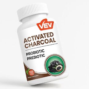 VEV Activated Charcoal Capsules 1200mg with 50B Probiotics & Organic Coconut Shell Charcoal – 120 Capsules, Vegan & Gluten-Free