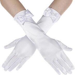 Princess Gloves, Girl Long White Gloves, White Bow Glove for Birthday, Wedding, Costume Party