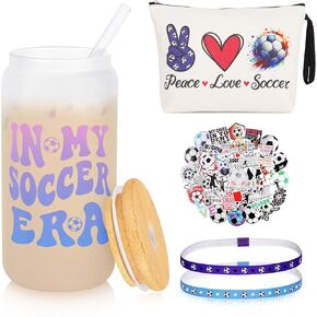 JoycuFF Soccer Gifts for Girl Women Soccer Accessories Gifts Soccer Lovers Gifts 16OZ Soccer Glass Cup Soccer Makeup Bag Soccer Headband Soccer Stickers