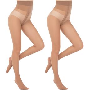 2 Pairs T-Crotch Rip Resistant High Waist Pantyhose with Reinforced Toes 10 Denier Ultra Thin Sheer Tights for Women