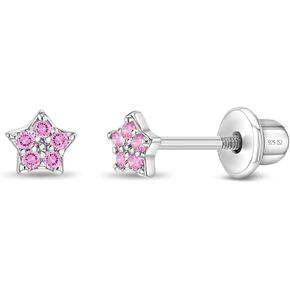 925 Sterling Silver Babies Pink Cubic Zirconia Tiny Star Screw Back Earrings, Safety Screw Backs for Baby Girls & Toddlers with Sensitive Ears- Little Star Stud Earrings, Celestial Earring Set