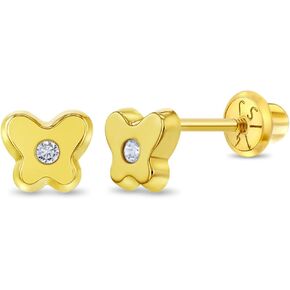 14k Yellow Gold 5mm Cubic Zirconia Butterfly Screw Back Stud Earrings for Girls - Children's Small Butterfly Earrings for Babies, Toddlers & Little Girls with Locking Safety Screw Backs