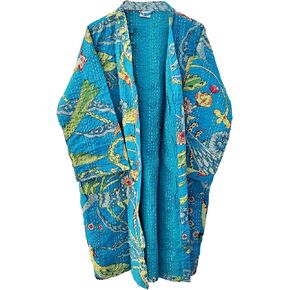 Lightweight Open Front Peacock Print Mid Length Women Free Size Ethnic Cotton Outwear Kantha Jacket