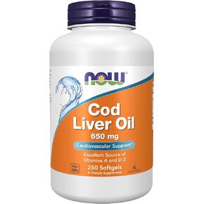 الآن مكملات الأطعمة ، وزيت كبد سمك القد 650 ملغ ، ومصدر ممتاز للفيتامينات A و D-3 ، 250 Softgels