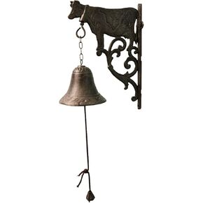 BestGiftever Rustic Cast Wall Wall Bell مع لهجة بقرة منقوشة - جرس عشاء خمر في الهواء الطلق - مزرعة ديكور الفناء الكلاسيكي للريف أو الأساليب المنزلية المعاصرة