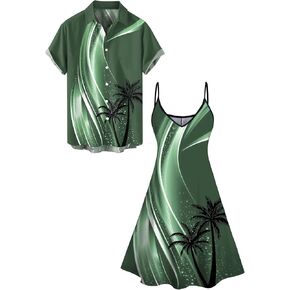 DRESSFO Couple Matching Hawaiian Outfits Coconut Tree Print Vacation Cami Dress or Men's Short Sleeve Button Up Shirt