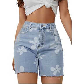 SOLY HUX Women's Floral Print Denim Shorts High Waisted Straight Leg Jeans Summer Short Pants