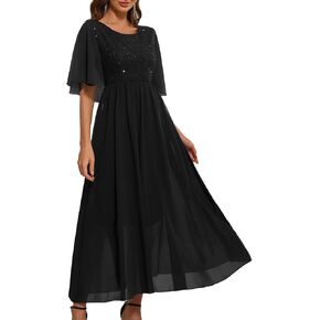 Women's Wedding Guest Long Dress Cocktail Party Formal Cape Ruffle Sleeve Chiffon Lace Sequin Dress