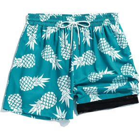 ZAFUL Men's Swim Trunks Quick Dry Beach Shorts with Pockets Mesh Lining Swim Shorts Elastic Waistband Green Pineapple M