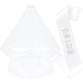 White Wedding Veil & Pearl Letter Bride Sash – Ideal Wedding, Engagement, Bachelorette Party & Bridal Shower Decorations