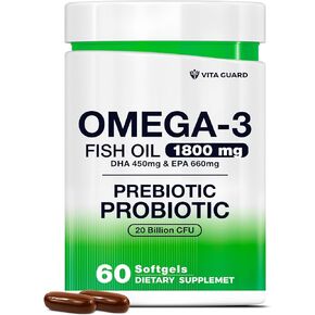 Omega-3 Fish Oil with Prebiotics & Probiotics – 1800mg EPA & DHA Supplement for Heart, Brain, and Gut Health – 20 Billion CFU, Inulin Fiber, Burpless Lemon-Flavored Softgels