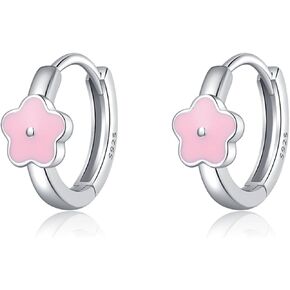SLUYNZ Solid 925 Sterling Silver Pink Flower Earrings Hoop for Women Teens Cute Flower Hoop Earrings Huggie