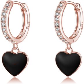 SLUYNZ Sterling Silver CZ Black Heart Hoop Earrings for Women Teens Small Love Huggie Hoop Earrings Drop Valentines Day Earrings