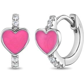 925 Sterling Silver Heart Monamel Huggie Hoop أقراط مع تشيك تشيكزيد واضحة - أطواق القلب اللامع للأطفال الصغار والفتيات الصغيرات