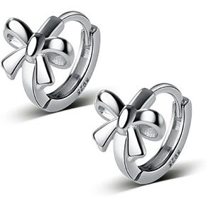 Reffeer Solid 925 Sterling Silver Bow Hoop أقراط Huggie للنساء المراهقات Bowknot Huggie أقراط