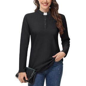 Womens Clergy Shirt Tab Collar Long Sleeves Polo Shirt Clergy Button Down Blouse