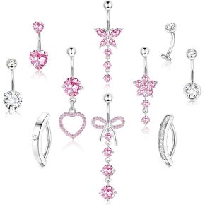 CASSIECA 10Pcs Gold Belly Button Piercing Ring-Surgical Steel CZ Heart Navel Belly Rings for Women Dangle Short Clicker Navel Piercings Cute Summer Jewelry 14G